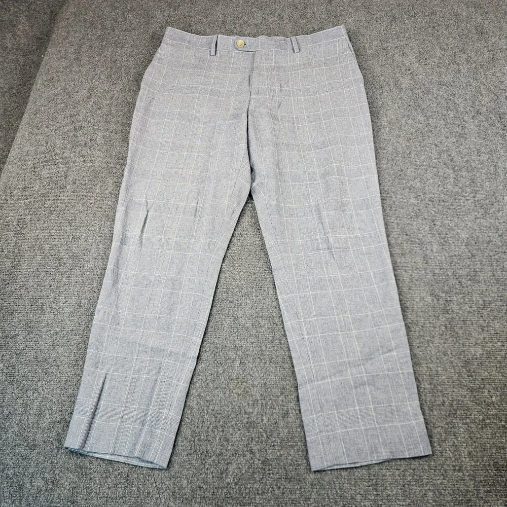 Banana Republic Mens 36 Tailored Linen Blend Plaid Dress Pants Blue White